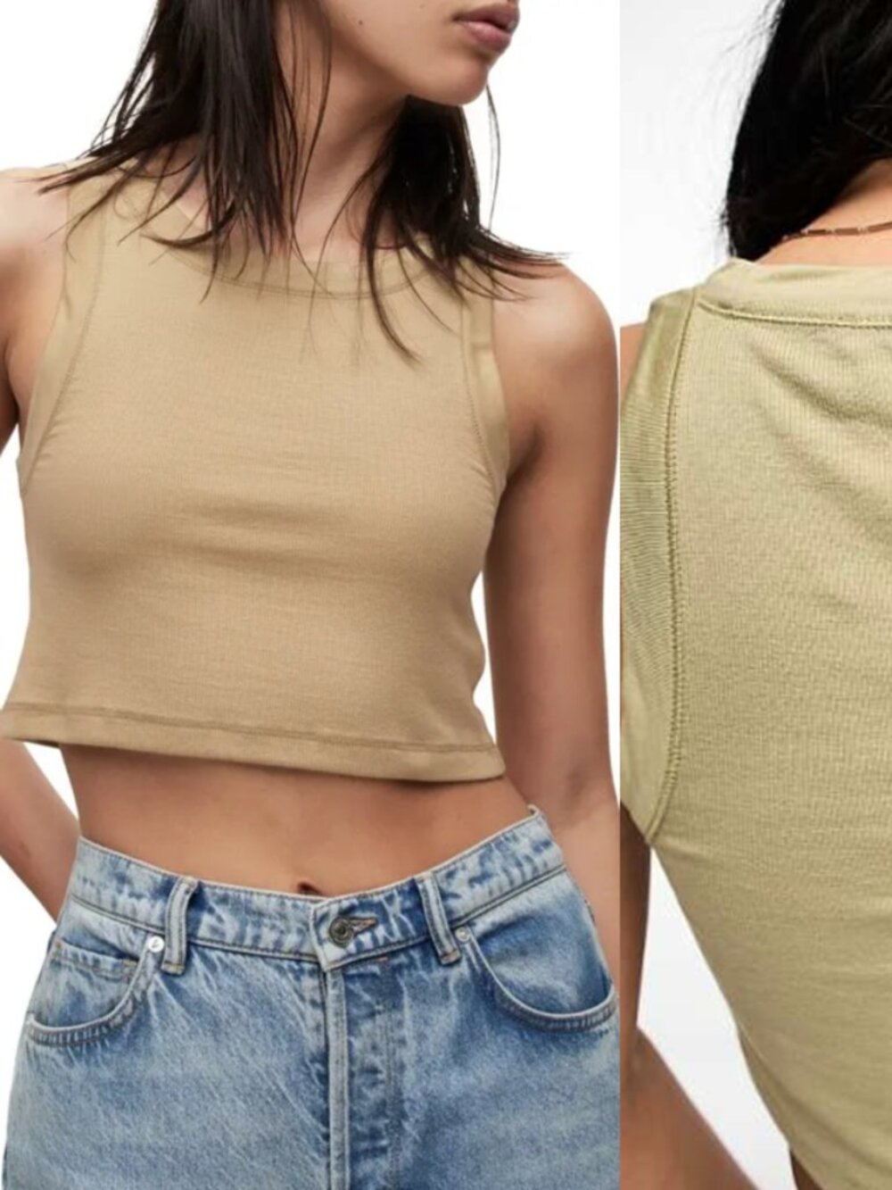 All Saints Rina Cropped Tank Top Ribbed Pale Olive Green